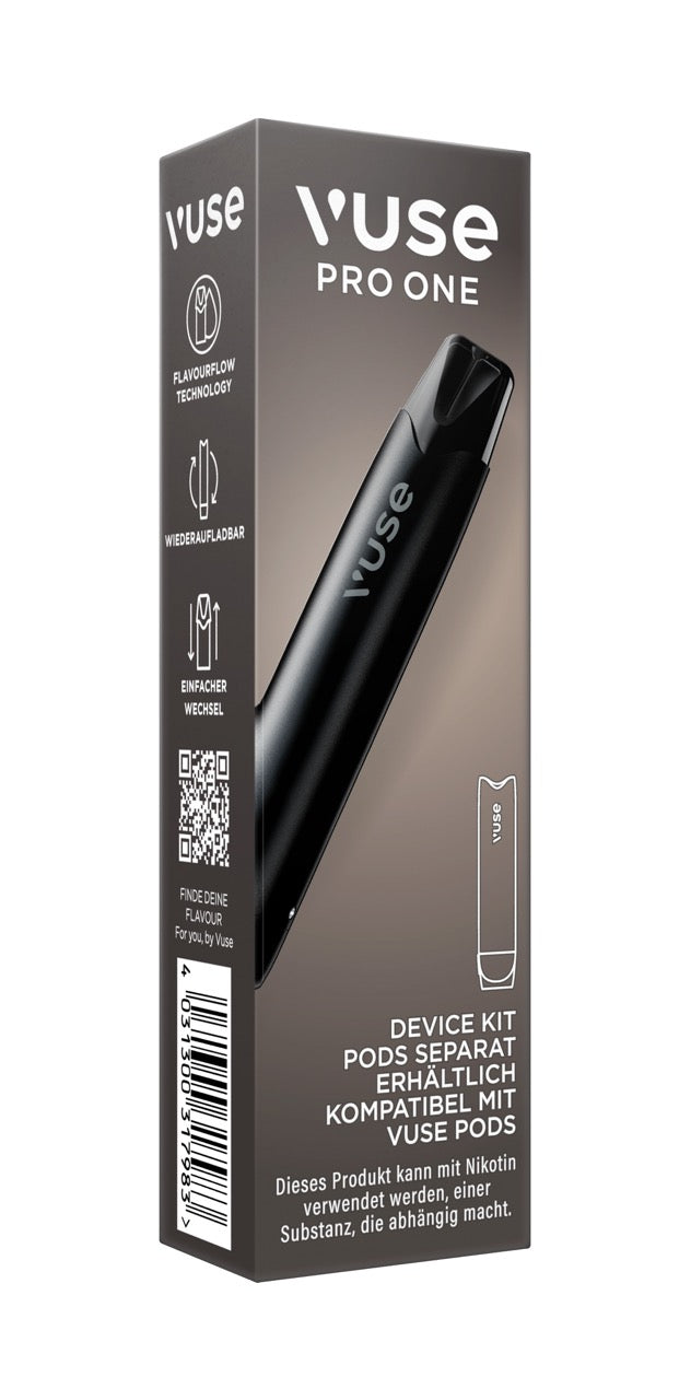 Vuse Pro One Device Pen Black – Verpackung leicht seitlich von links, stilvoll und hochwertig.