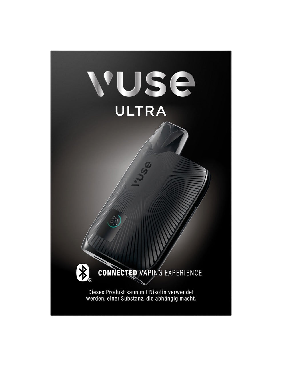 Vuse Ultra Device Charcoal Black – Verpackung frontal fotografiert, elegantes E-Zigaretten-Design