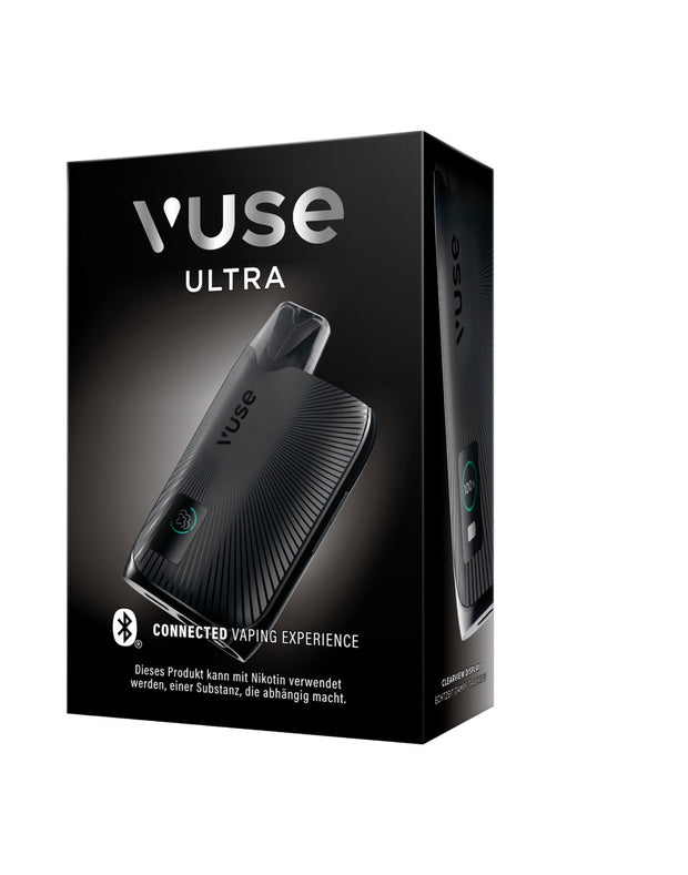 Vuse Ultra Device Charcoal Black – linke Seitenansicht der Verpackung, modernes Design mit Geräteabbildung