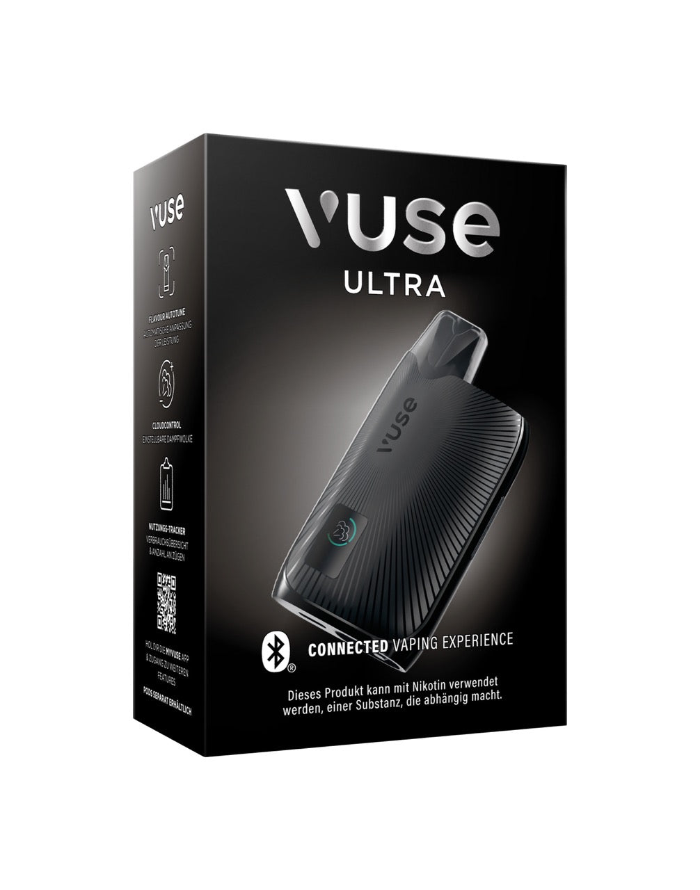 Vuse Ultra Device Charcoal Black – rechte Seitenansicht der Verpackung, kompaktes und stylisches Pod-System