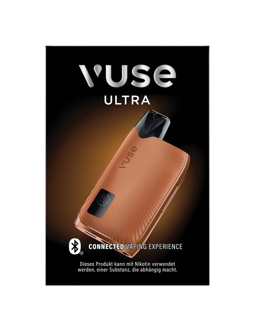Vuse Ultra Device Copper Verpackung von vorne mit Gerät in Kupfer