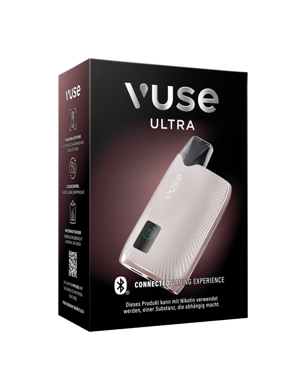 Vuse Ultra Device Pearl Rose – Verpackung seitlich von rechts fotografiert