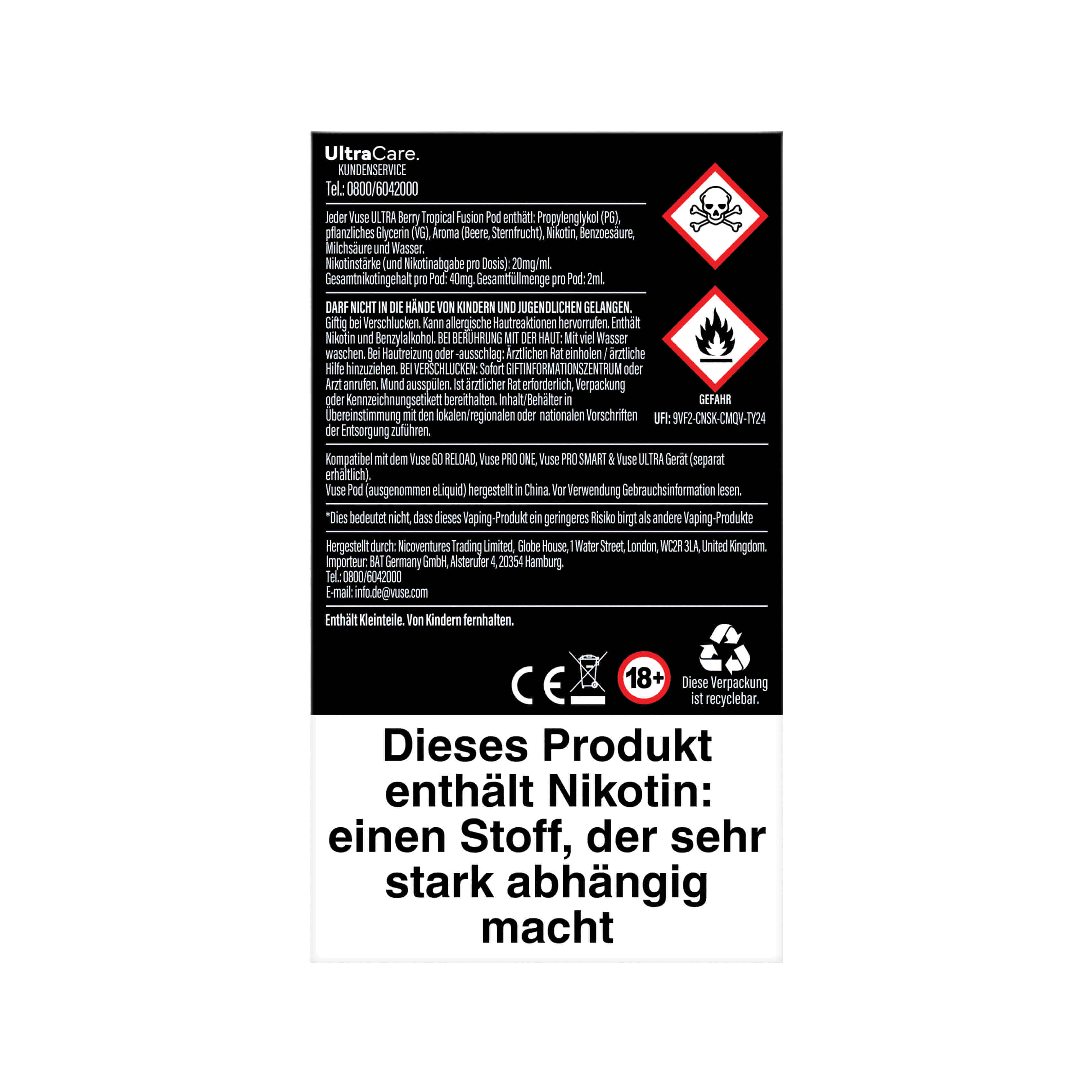 Vuse Ultra Pods Berry Tropical Fusion 20mg Rückseite mit Produktinformationen