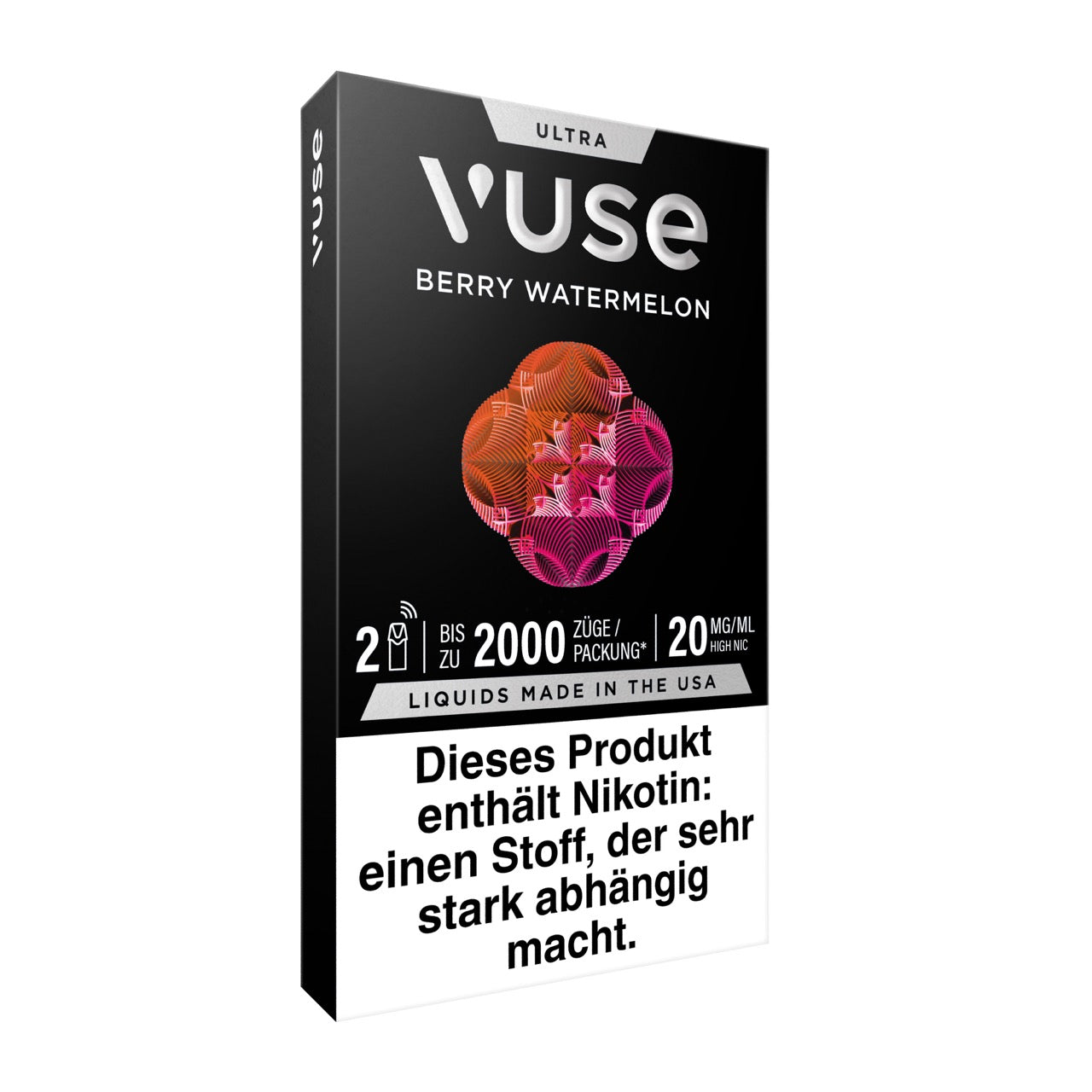Vuse Ultra Pods Berry Watermelon, Verpackung seitlich von rechts, klare Produktinformationen sichtbar