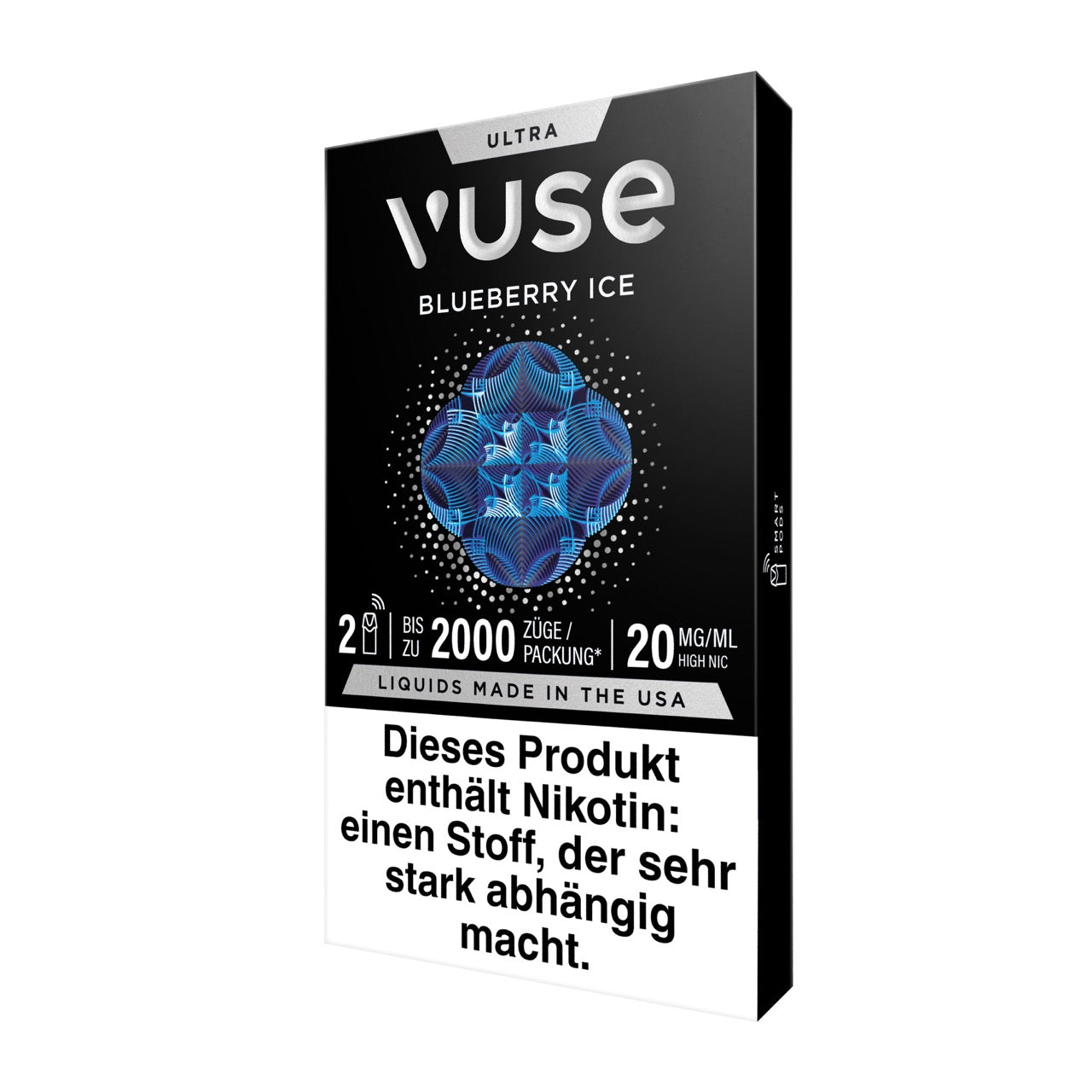 Vuse Ultra Pods Blueberry Ice, Verpackung seitlich von links, stylisches modernes Design