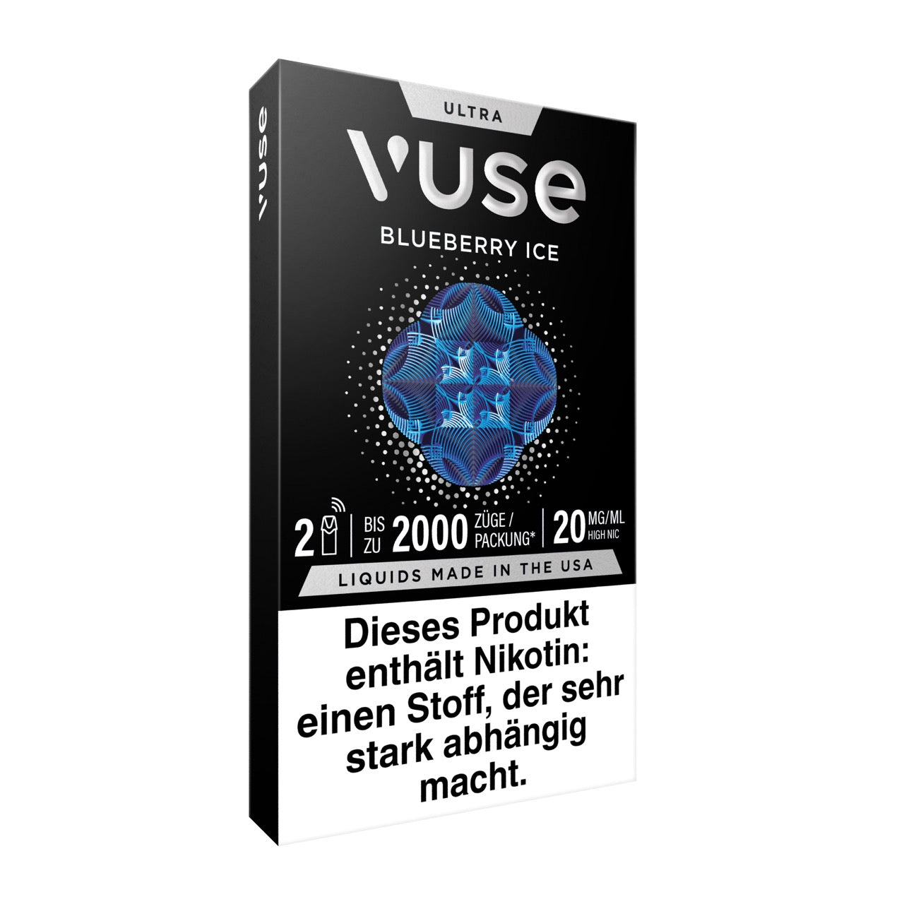 Vuse Ultra Pods Blueberry Ice, Verpackung seitlich von rechts, Produktdetails sichtbar