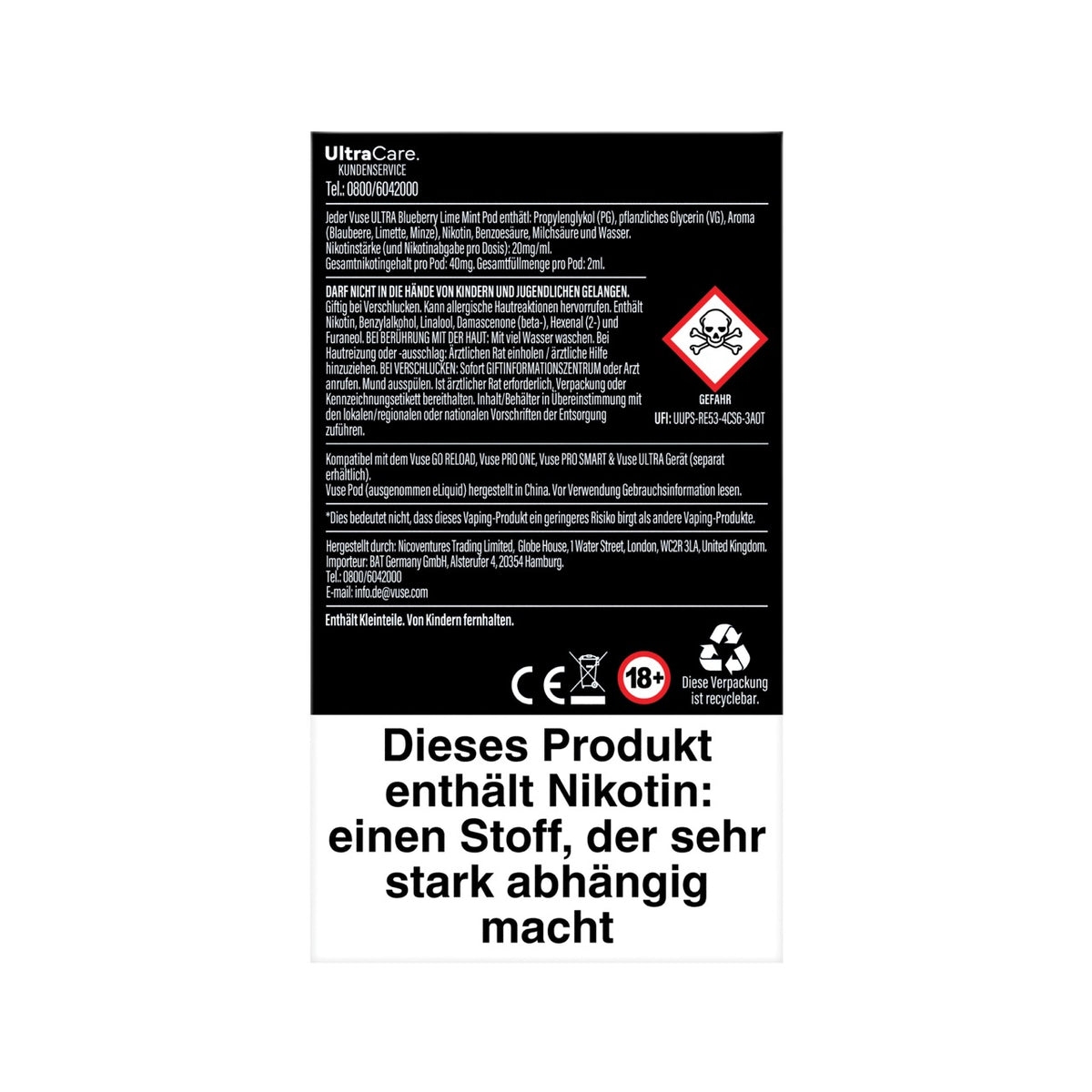 Rückseite der Vuse Ultra Pods Blueberry Lime Mint mit Inhaltsstoffen und Warnhinweisen