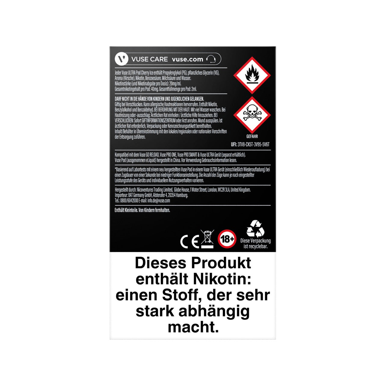 Vuse Ultra Pods Cherry Ice, Verpackung Rückseite mit Inhaltsangaben und Sicherheitshinweisen