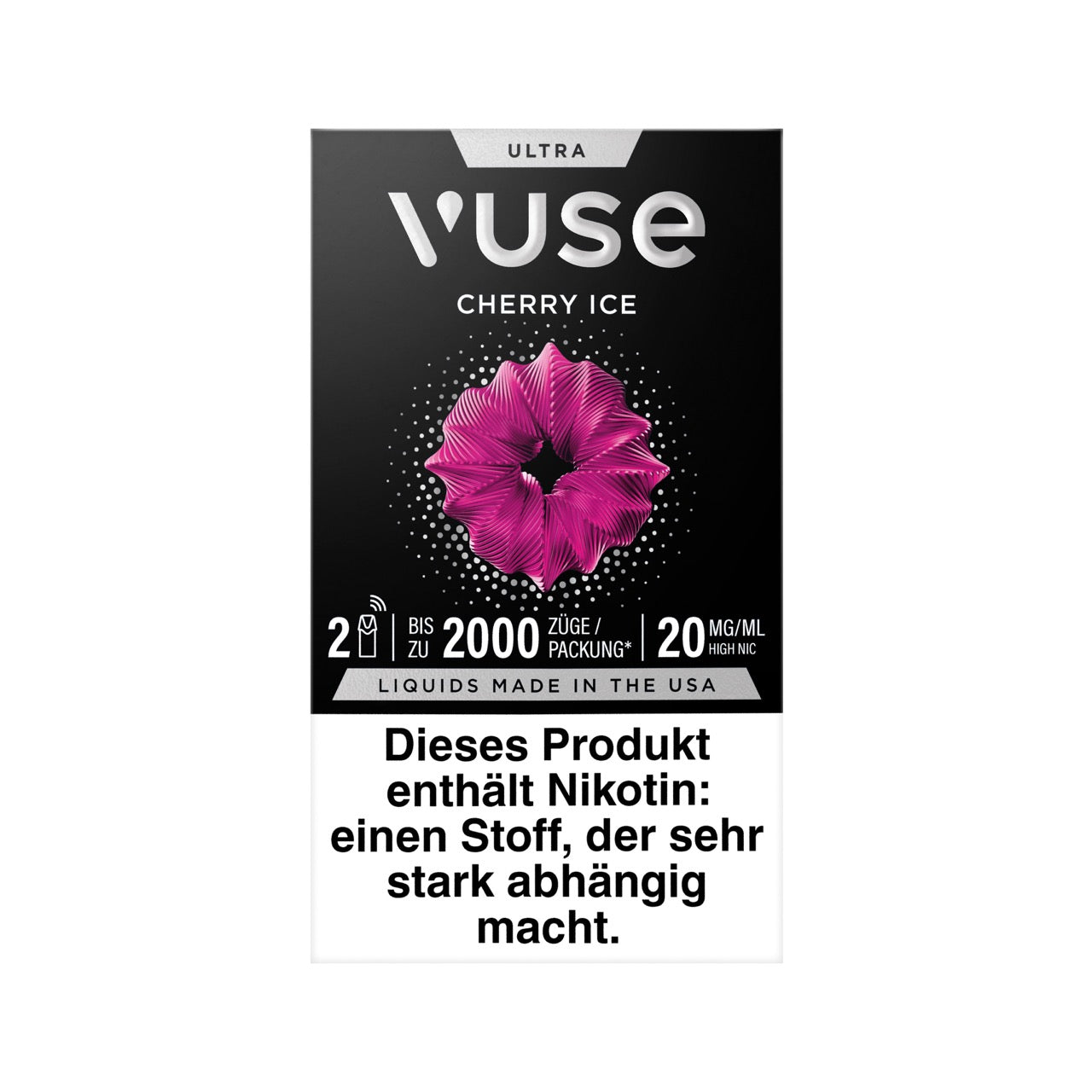 Vuse Ultra Pods Cherry Ice 2er Pack, Packung frontal mit Kirsch-Eis Aroma