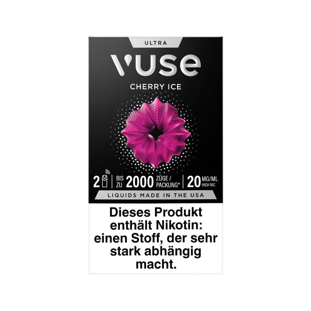 Vuse Ultra Pods Cherry Ice 2er Pack, Packung frontal mit Kirsch-Eis Aroma