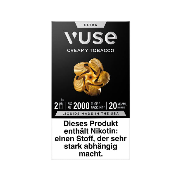 Vuse Ultra Pods Creamy Tobacco 2er Pack, Vorderseite der Packung, cremiger Tabakgeschmack