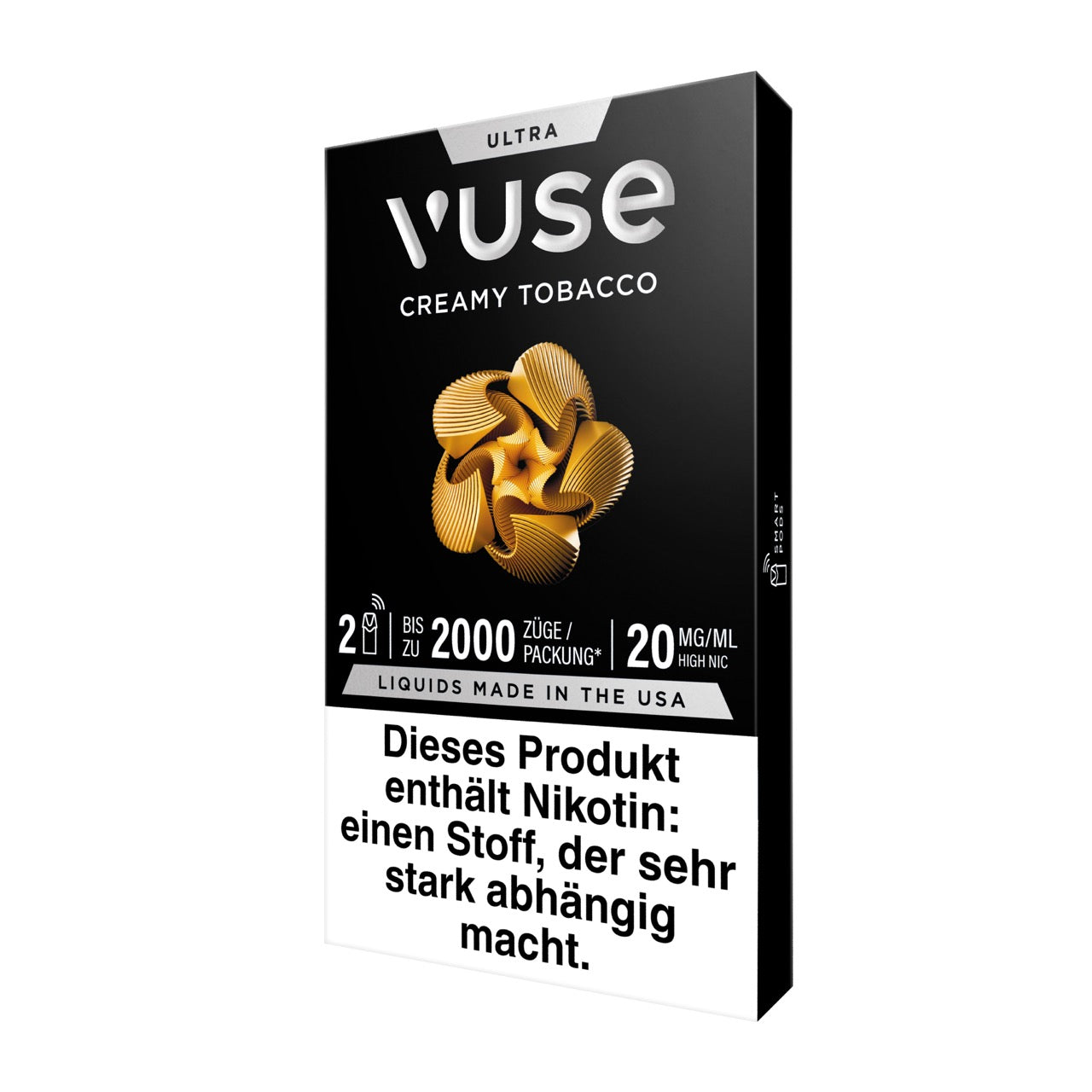 Vuse Ultra Pods Creamy Tobacco, Verpackung seitlich von links, stilvolles Design für Tabakliebhaber