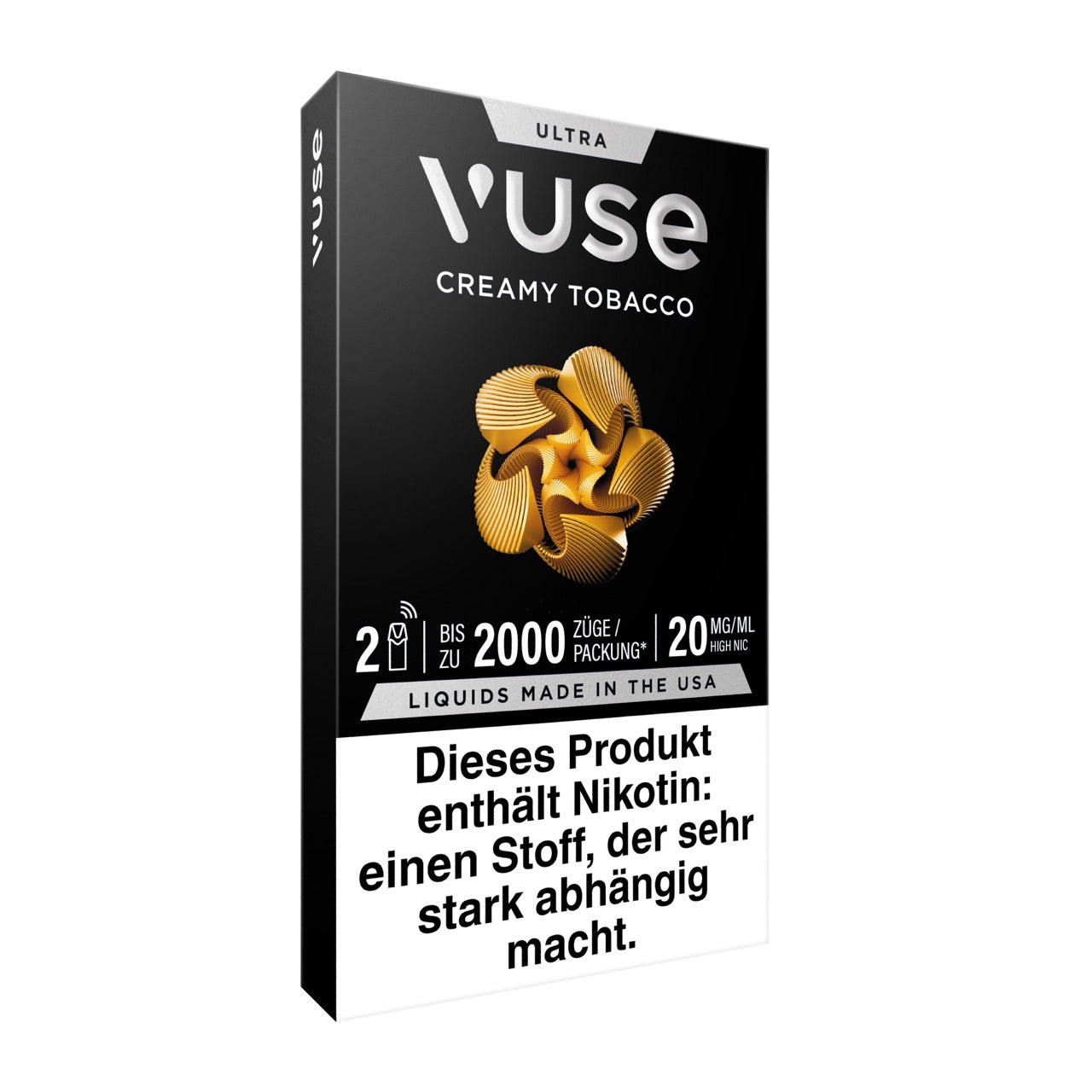 Vuse Ultra Pods Creamy Tobacco, Verpackung seitlich von rechts, Produktinfos und Details sichtbar