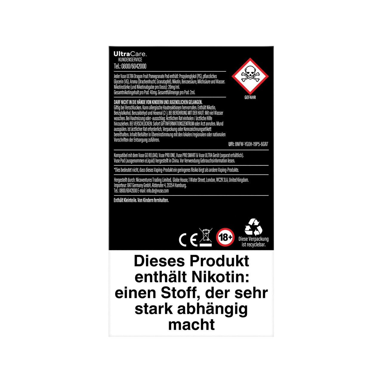 Vuse Ultra Pods Dragon Fruit Pomegranate Rückseite mit Sicherheitshinweisen