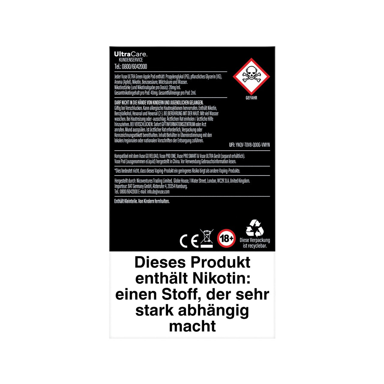 Vuse Ultra Pods Green Apple Rückseite mit Produkt- und Sicherheitshinweisen