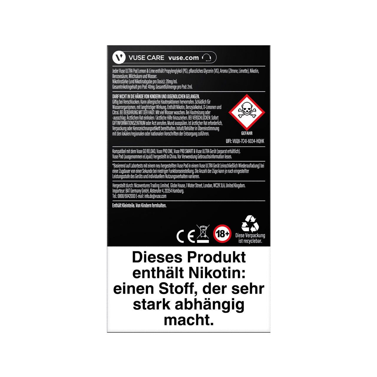 Vuse Ultra Pods Lemon & Lime, Rückseite der Verpackung mit Inhaltsangaben und Sicherheitshinweisen