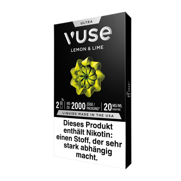 Vuse Ultra Pods Lemon & Lime, Verpackung seitlich von links, modernes Design und Produktdetails