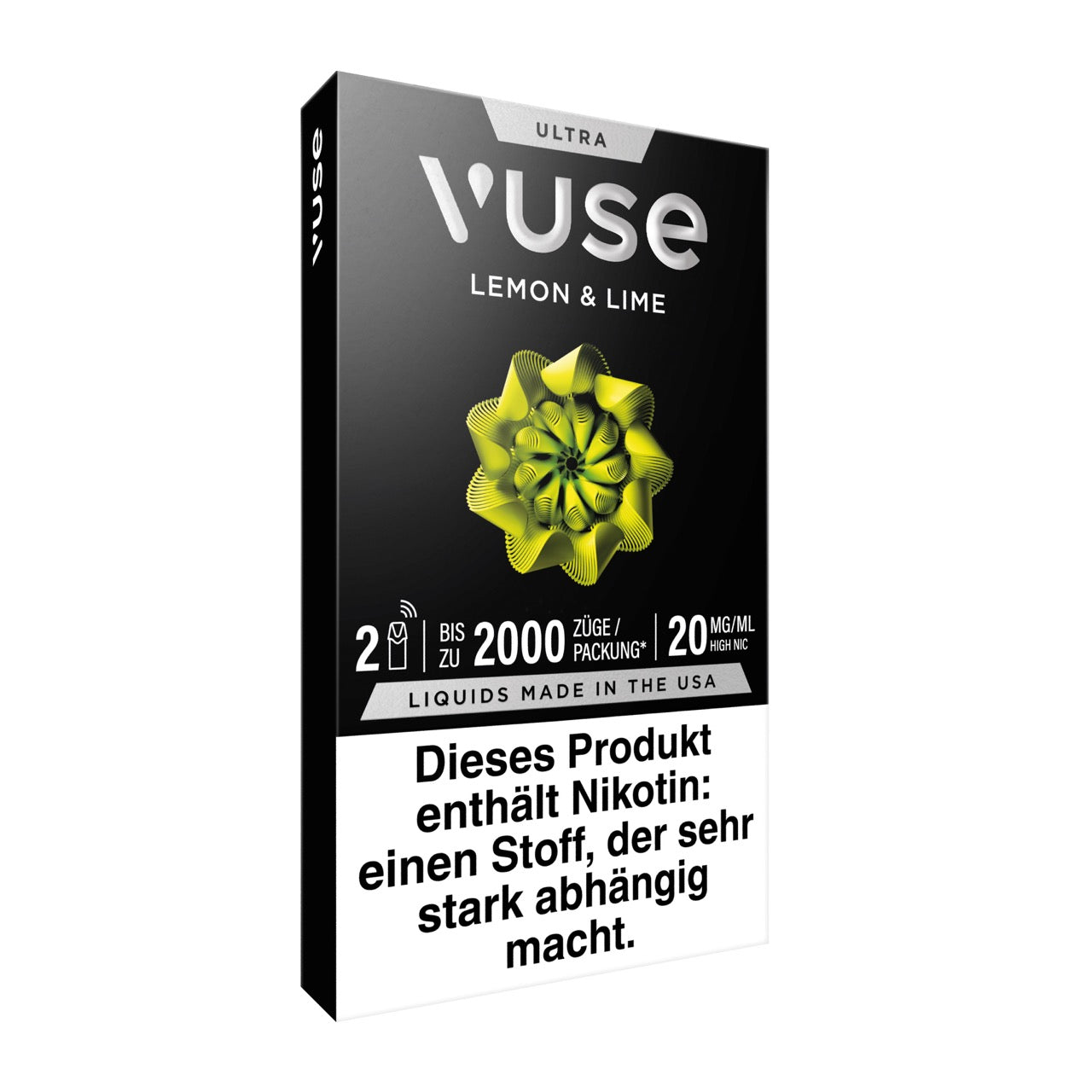 Vuse Ultra Pods Lemon & Lime, Verpackung seitlich von rechts, Pod-Angaben und Nikotingehalt sichtbar