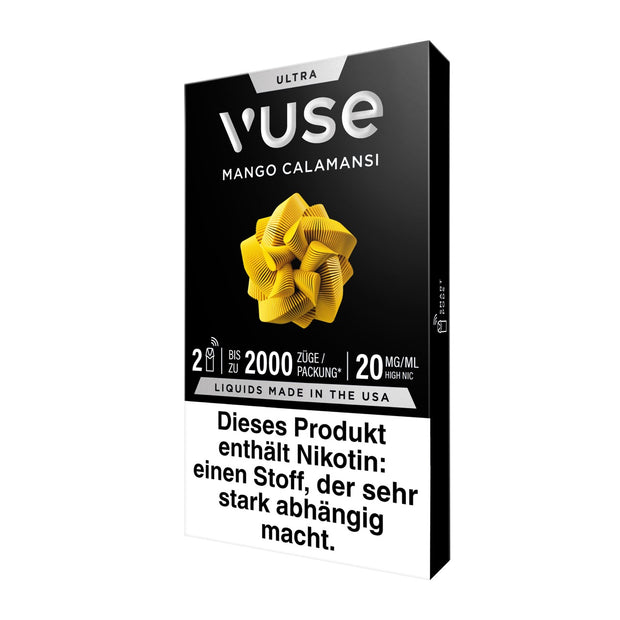 Vuse Ultra Pods Mango Calamansi, Verpackung seitlich von links, modernes Design, Pod-Infos sichtbar