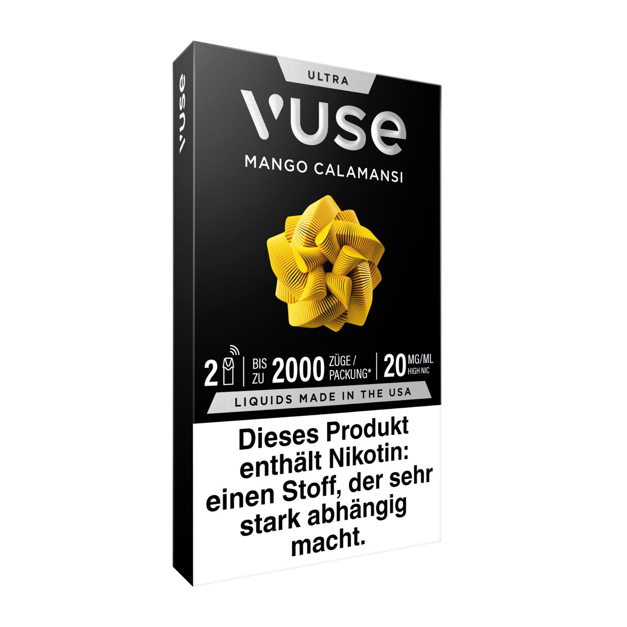 Vuse Ultra Pods Mango Calamansi, Verpackung seitlich von rechts, Nikotin- und Geschmacksdetails