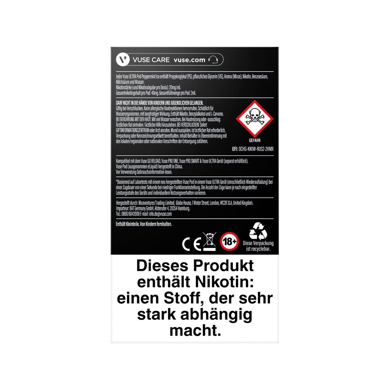 Vuse Ultra Pods Peppermint Ice, Rückseite mit Inhaltsstoffen, Warnhinweisen und Produktinformationen
