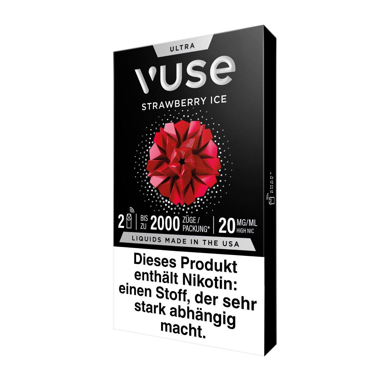 Vuse Ultra Pods Strawberry Ice, Verpackung seitlich links, Produktdesign mit Erdbeer-Aroma und Nikotinangabe