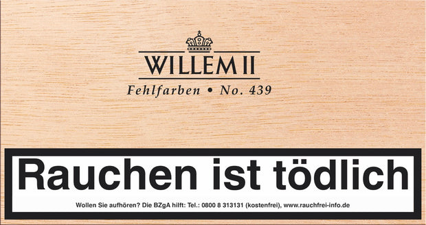 Holzkiste mit 100 Willem II Fehlfarben No. 439 Cigarillos, klassisches niederländisches Cigarillo-Design