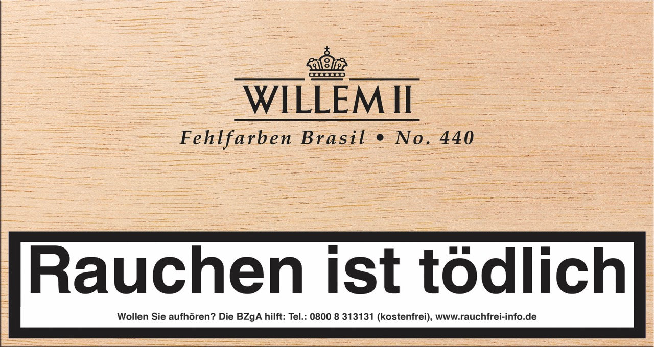 Holzkiste mit 100 Willem II Fehlfarben Brasil No. 440 Cigarillos, klassisches Design, Brasil-Deckblatt