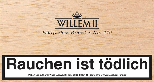 Holzkiste mit 100 Willem II Fehlfarben Brasil No. 440 Cigarillos, klassisches Design, Brasil-Deckblatt