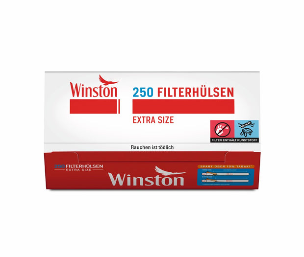 Winston Extra Size Hülsen 250 Stück, Packung Filterhülsen mit langem Filter, frontal fotografiert