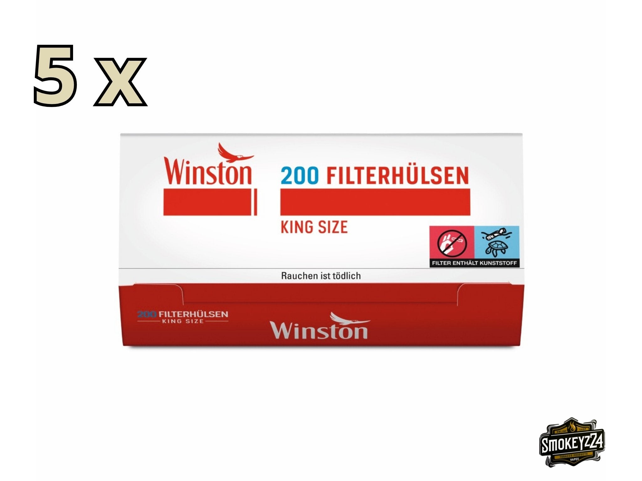 Winston King Size Hülsen 5x200er Sparpaket, Packung Filterhülsen zum Zigarettenstopfen, frontal fotografiert