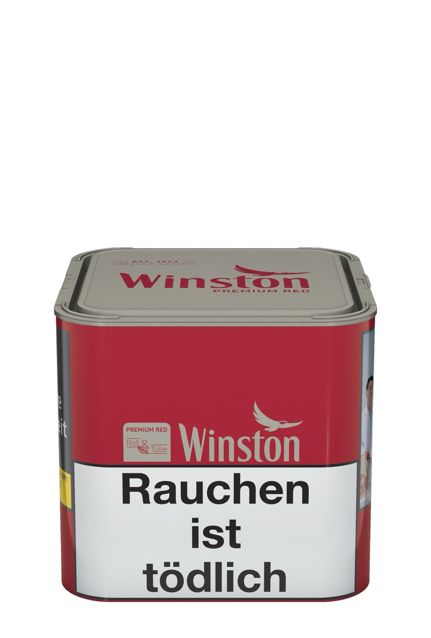 Dose Winston Premium Red Feinschnitt 58g frontal fotografiert, klassisches rot-gelbes Winston Design