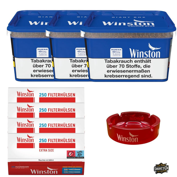 Winston Volume Blue Stopftabak Bundle mit Extra Size Hülsen und rotem Glasaschenbecher