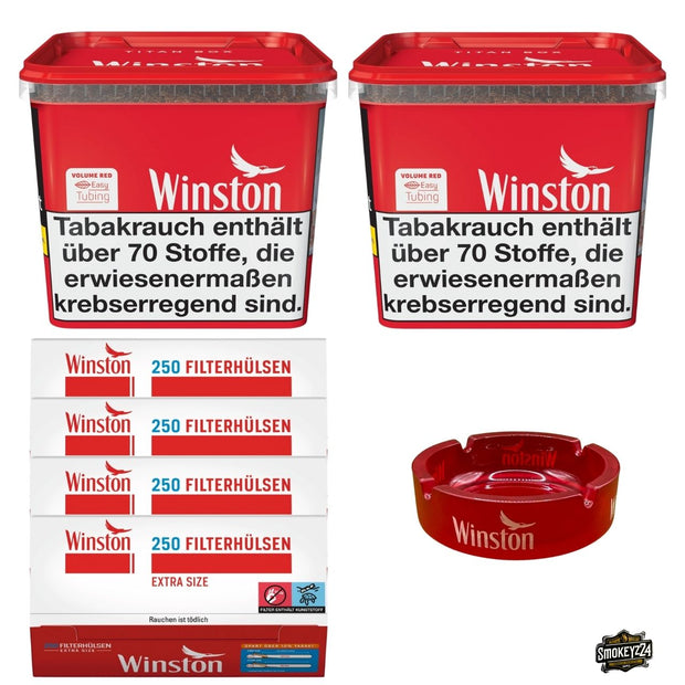 Winston Volume Red Stopftabak Bundle mit Extra Size Hülsen und rotem Glasaschenbecher