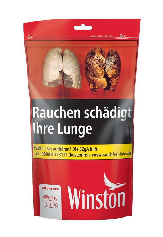 Winston Volume Red 95g Zip Bag, frontal fotografiert, roter Beutel mit Winston-Logo und Volumentabak-Aufschrift
