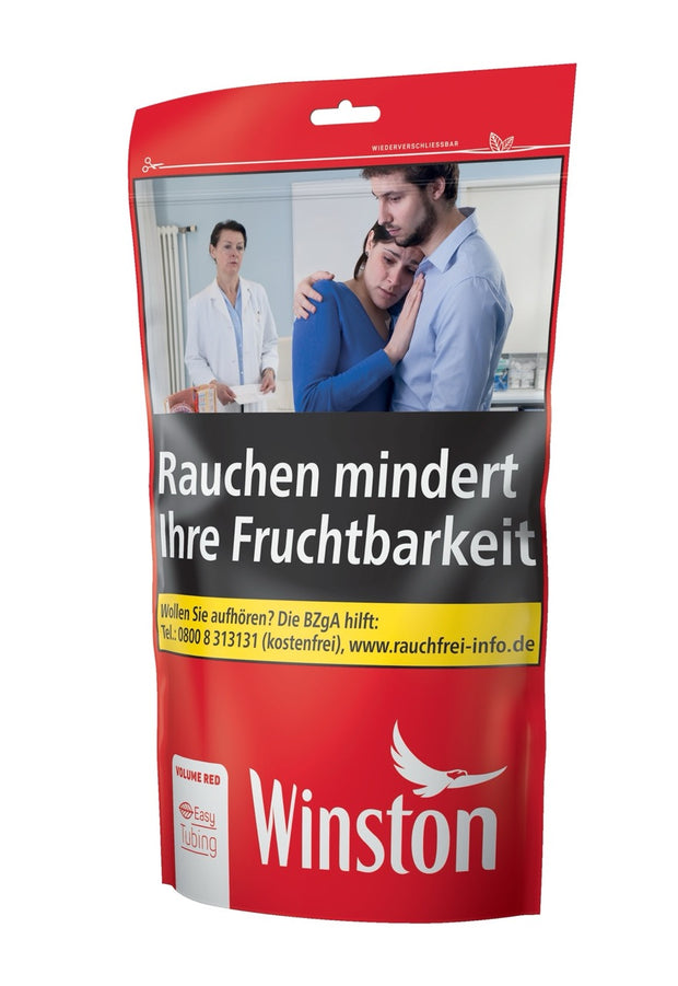 Winston Volume Red 95g Zip Bag, leicht seitlich fotografiert, wiederverschließbarer Tabakbeutel im klassischen Winston-Design