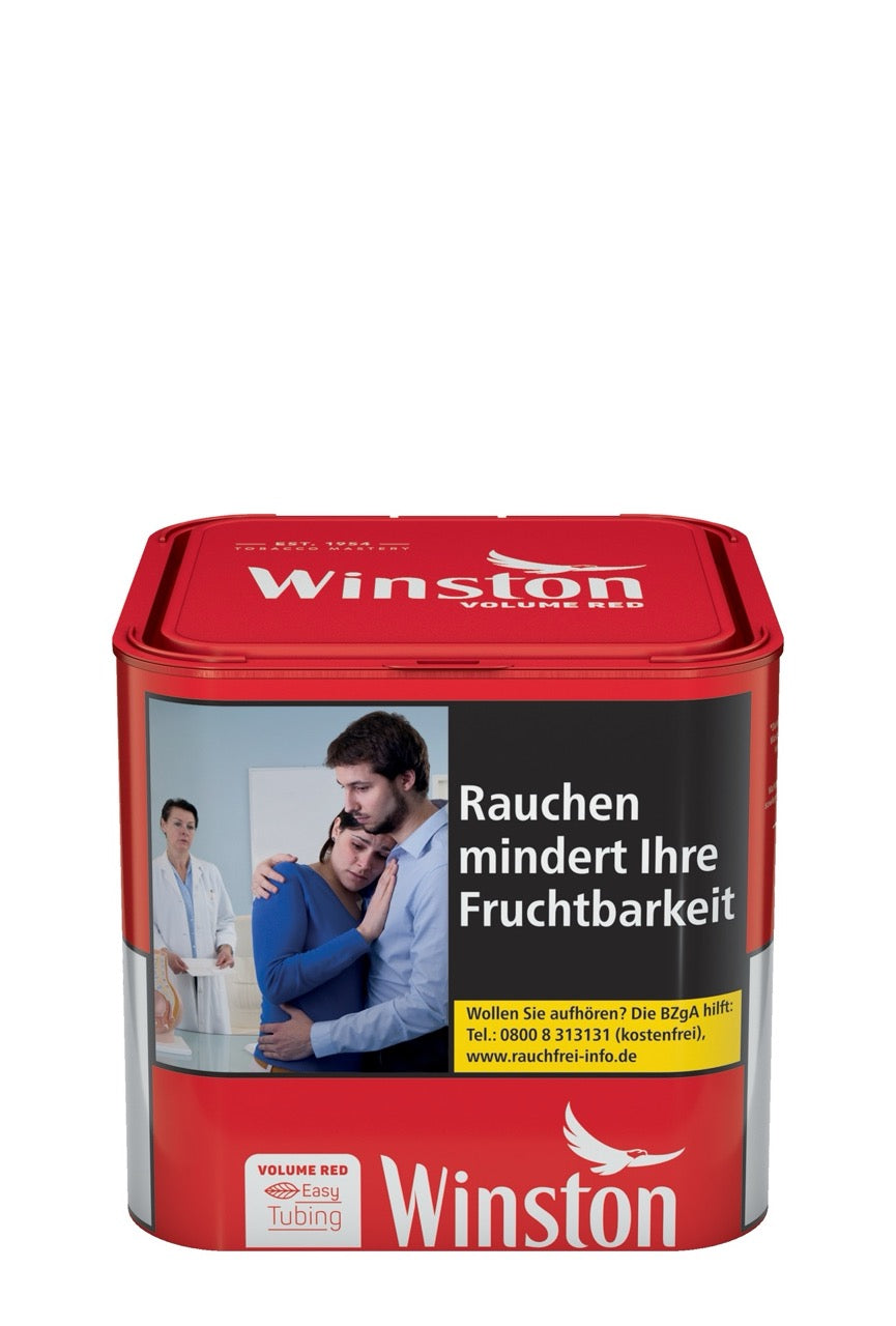 Winston Volume Red 36g Dose, Rückseite der Tabakdose, Produktinformationen gut sichtbar