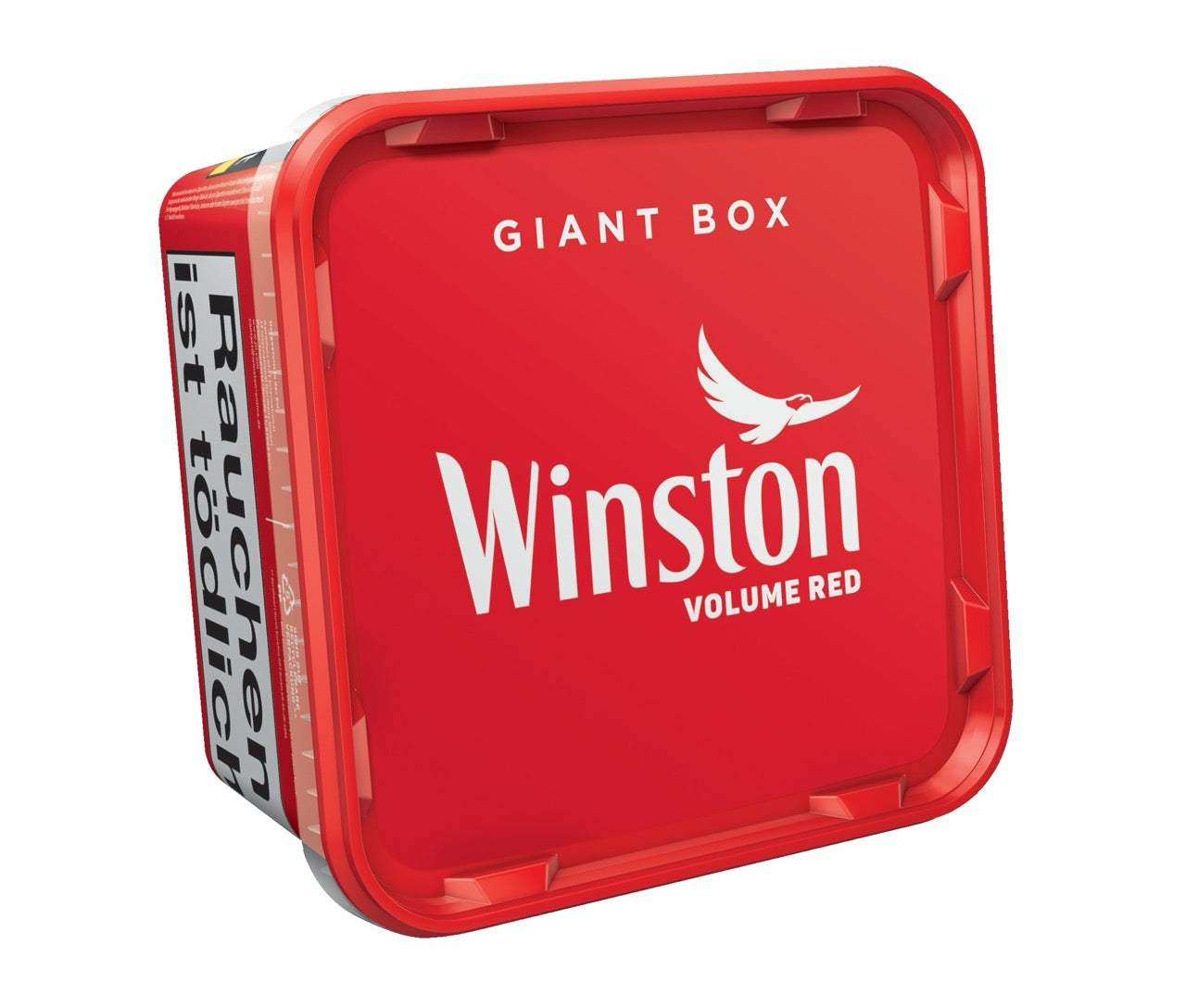 Winston Volume Red 155g Giant Box, liegend, schräg fotografiert mit sichtbarem Deckel und Winston-Logo