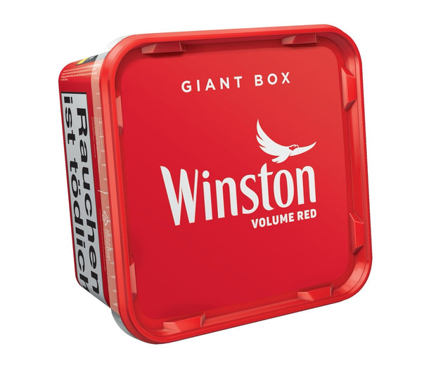 Winston Volume Red 155g Giant Box, liegend, schräg fotografiert mit sichtbarem Deckel und Winston-Logo