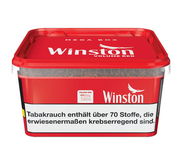 Winston Volume Red 115g Box, frontal stehend fotografiert, im typischen roten Design mit Mega-Volumentabak-Aufschrift