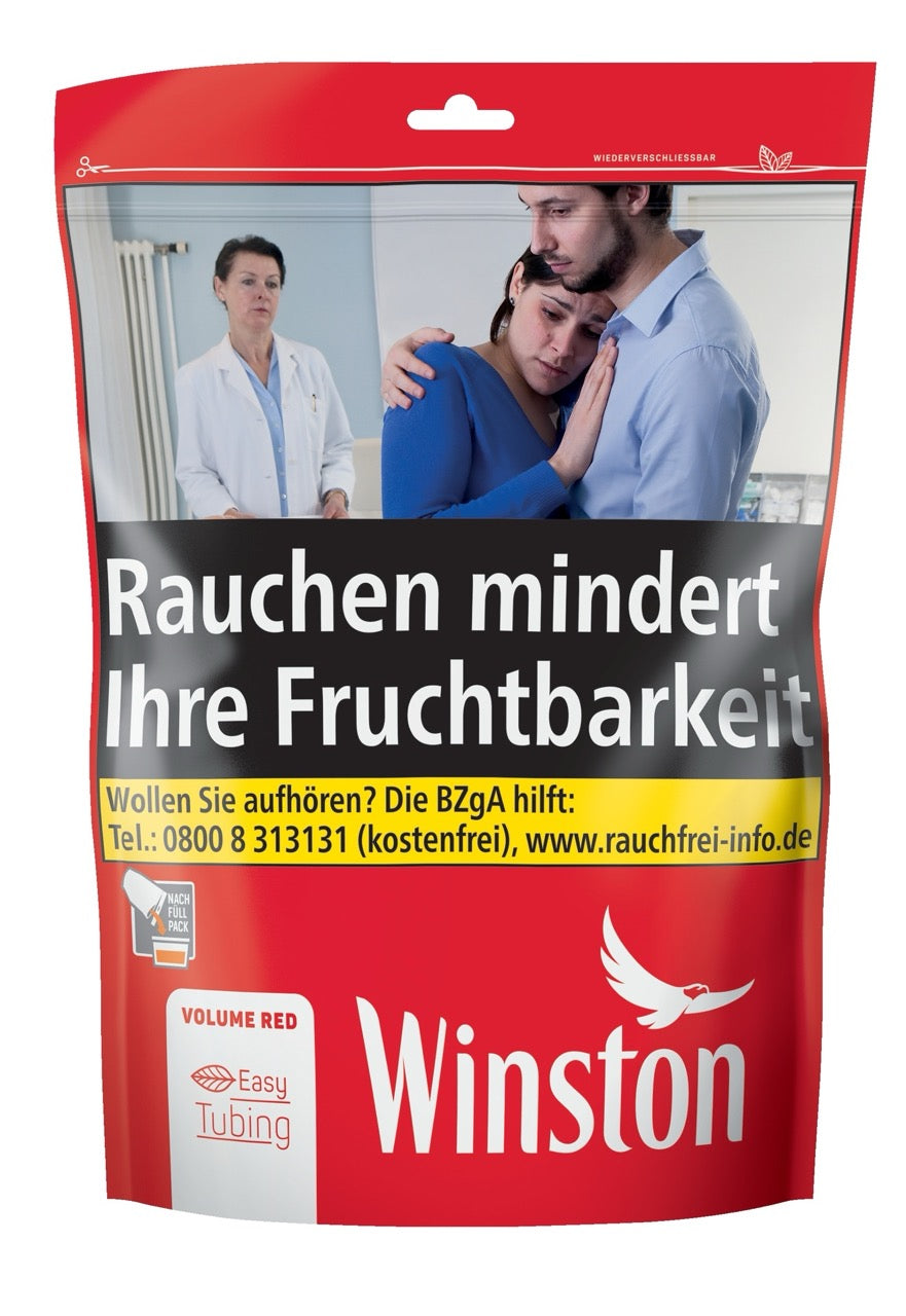 Winston Volume Red 185g Zip Bag, frontal fotografiert, großer roter Beutel mit Winston-Logo und Volumentabak-Aufschrift
