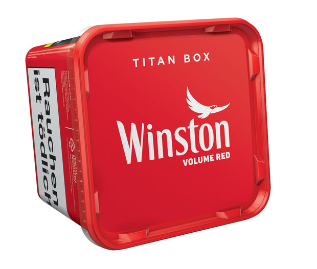 Winston Volume Red 250g Titan Box, liegend, leicht schräg mit sichtbarem Deckel und Winston-Logo