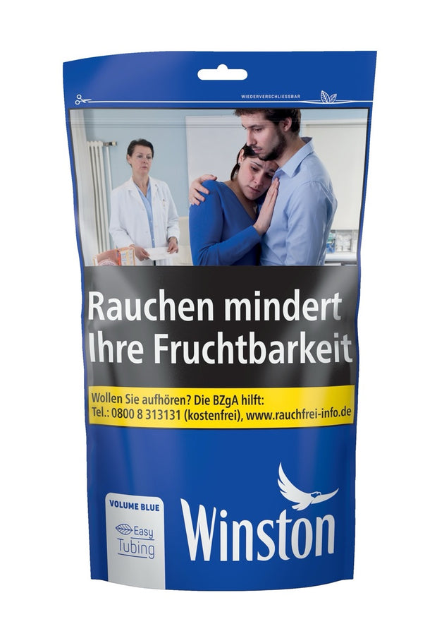 Winston Volume Blue 95g Zip Bag, frontal fotografiert, blauer Beutel mit Winston-Logo, ideal zum Stopfen von Zigaretten