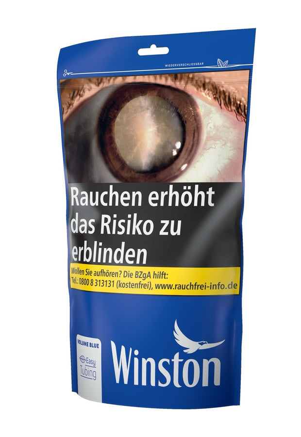 Winston Volume Blue 95g Zip Bag, leicht seitlich fotografiert, wiederverschließbarer blauer Tabakbeutel im Winston-Design