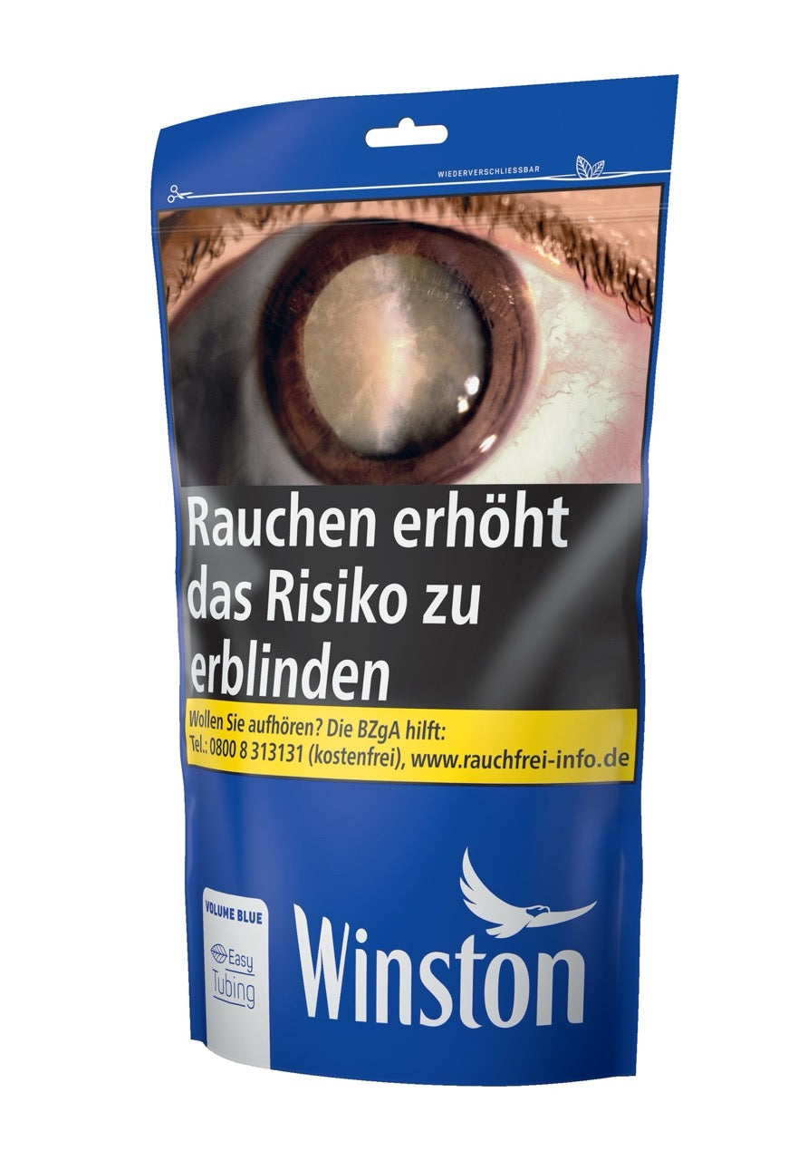 Winston Volume Blue 95g Zip Bag, leicht seitlich fotografiert, wiederverschließbarer blauer Tabakbeutel im Winston-Design