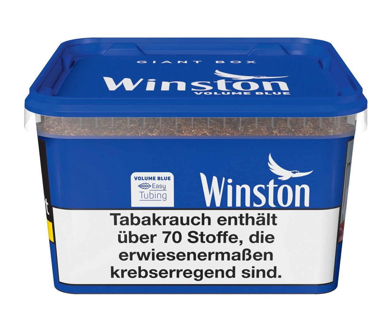 Winston Volume Blue Giant Box 155g, stehend fotografiert, große blaue Tabakbox für besonders ergiebigen Stopftabak