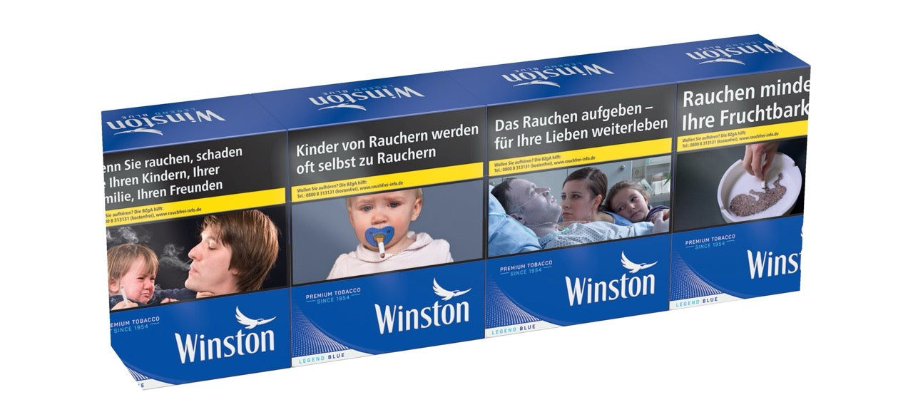 Stange Winston Blue Zigaretten 4x41 Stück leicht seitlich fotografiert, blau