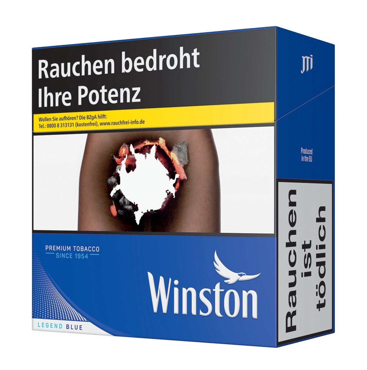 Winston Blue Zigarettenschachtel, leicht seitlich fotografiert, 58 Stück, blau