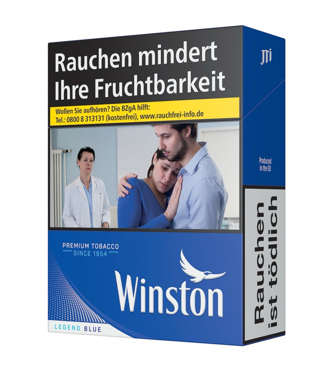 Winston Blue Zigarettenschachtel leicht seitlich fotografiert, blaues Design, 26 Stück