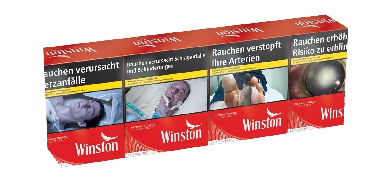 Winston Red Zigaretten Stange, leicht seitlich fotografiert, Vorratspack im roten Design